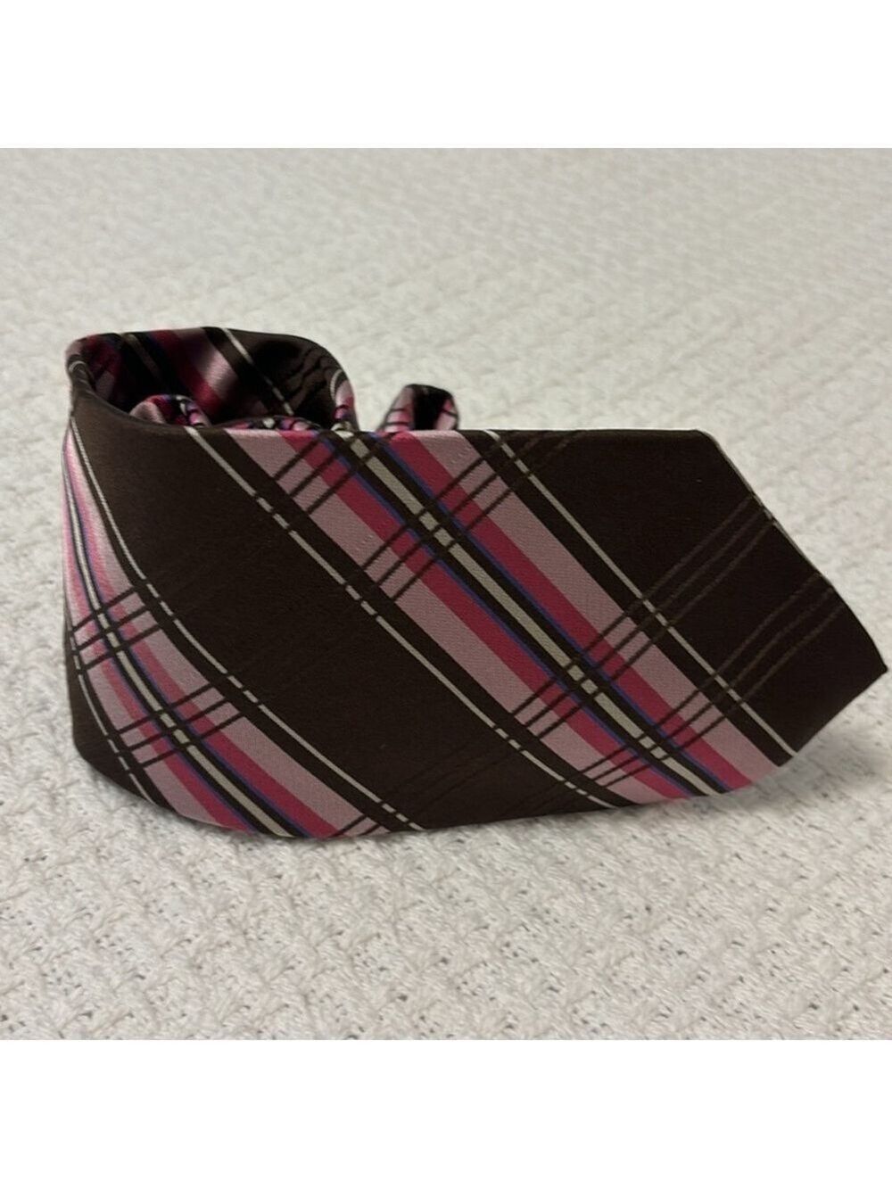 HUGO BOSS 100% silk neck tie men’s tie brown pink white plaid made in Italy